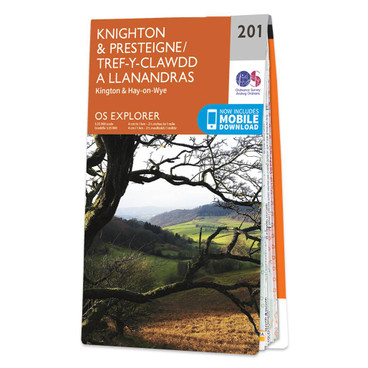 Orange front cover of OS Explorer Map 201 Knighton & Presteigne with an image of a tree and green fields