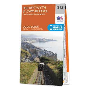 Orange front cover of OS Explorer Map 213 Aberystwyth & Cwm Rheidol