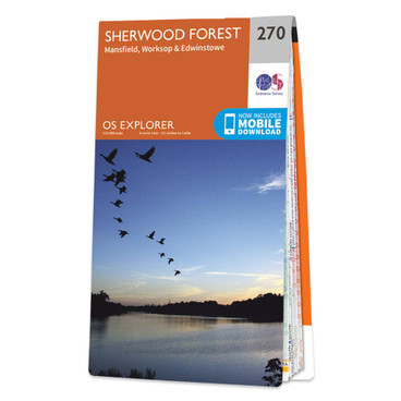 Orange front cover of OS Explorer Map 270 Sherwood Forest with an image of a skein of geese flying over water