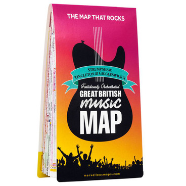 Pink, black and orange front cover of Marvellous Maps Great British Music Map