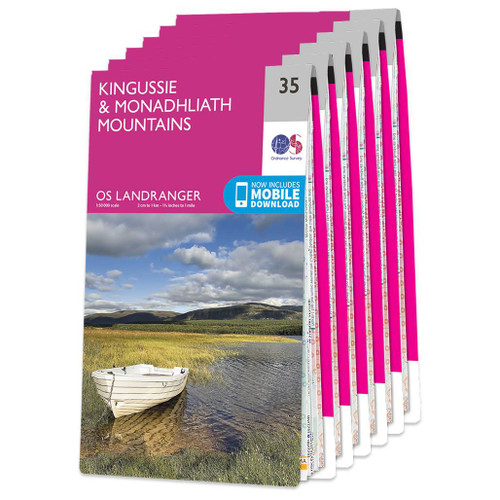 Pink front covers of the 6 maps in the OS Landranger Cairngorms Map Set including 35 Kingussie and Monadhliath Mountains at the front