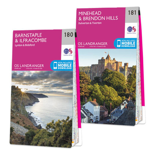 Pink front covers of the 2 maps in the OS Landranger Exmoor Map Set including 180 Barnstaple & Ilfracombe and 181 Minehead & Brendon Hills