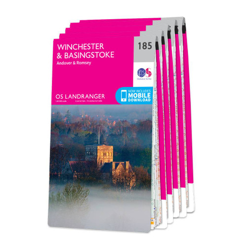 Pink front covers of the 6 maps in the OS Landranger South Downs Map Set including 185 Winchester & Basingstoke at the front.