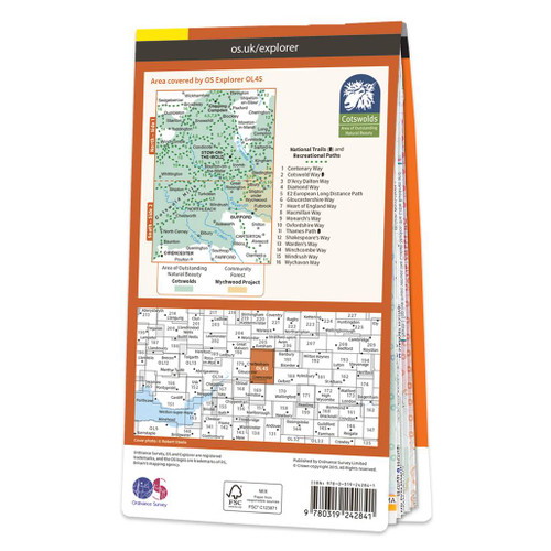 Rear orange cover of OS Explorer Map OL 45 Cotswolds showing the area covered by the map and the wider area