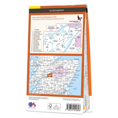 Rear orange cover of OS Explorer Map OL 50 Ben Alder, Loch Ericht & Loch Laggan showing the area covered by the map and the wider area