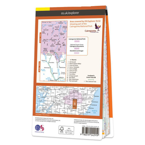 Rear orange cover of OS Explorer Map OL 52 Glen Shee & Braemar showing the area covered by the map and the wider area