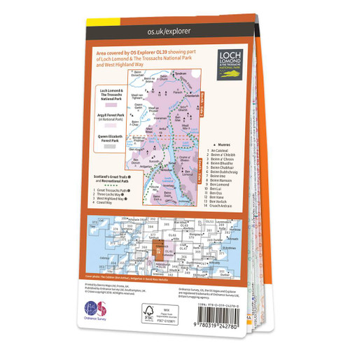 Rear orange cover of OS Explorer Map OL 39 Loch Lomond North showing the area covered by the map and the wider area