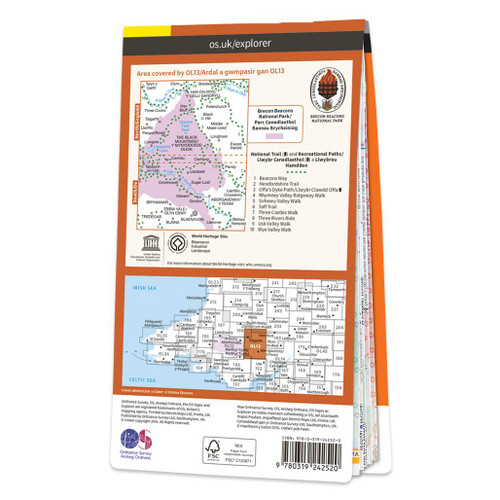 Rear orange cover of OS Explorer Map OL 13 Brecon Beacon National Park Eastern Area showing the area covered by the map and the wider area