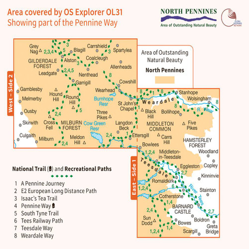Rear orange cover of OS Explorer Map OL 31 North Pennines showing the area covered by the map