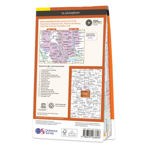Rear orange cover of OS Explorer Map OL 24 The Peak District - White Peak Area showing the area covered by the map and the wider area