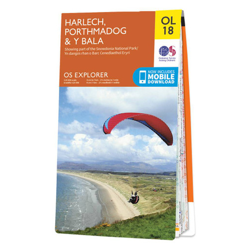 Orange front cover of OS Explorer Map OL 18 Harlech, Porthmadog, & Y Bala