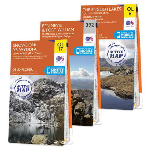 3 Orange front covers of OS Explorer Maps 392, OL6 & OL17 that make up the OS Explorer National Three Peaks Challenge map set