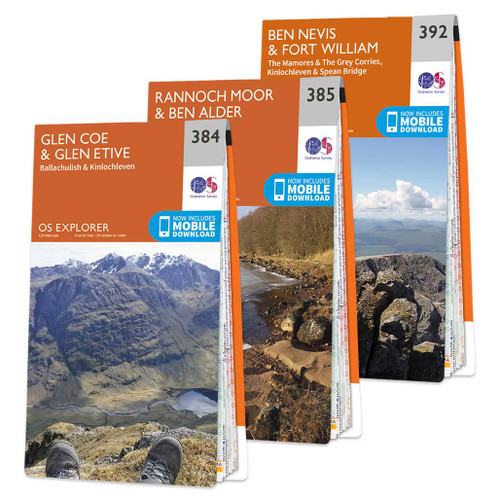 Orange front covers of the 3 maps in the OS Explorer Ben Nevis Map Set including maps 384, 385 and 392