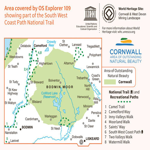 Rear orange cover of OS Explorer Map 109 Bodmin Moor showing a close-up of the area covered by the map