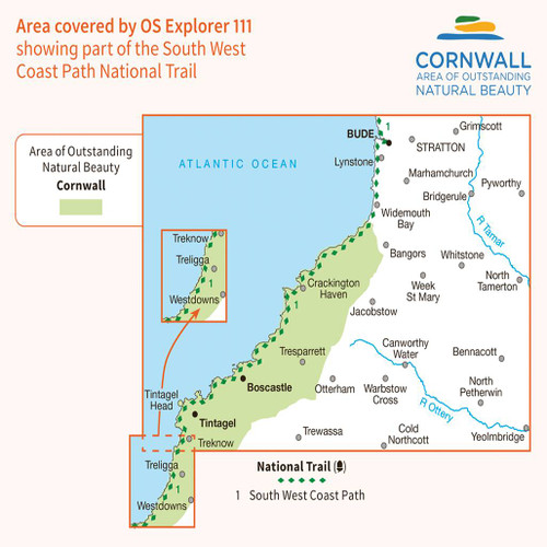 Rear orange cover of OS Explorer Map 111 Bude, Boscastle & Tintagel and the South West Coast Path showing the area covered by the map