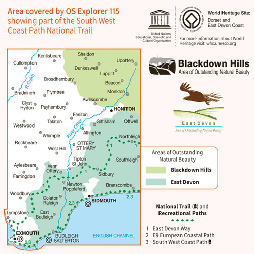 Rear orange cover of OS Explorer Map 115 Exmouth and Sidmouth showing the area covered by the map
