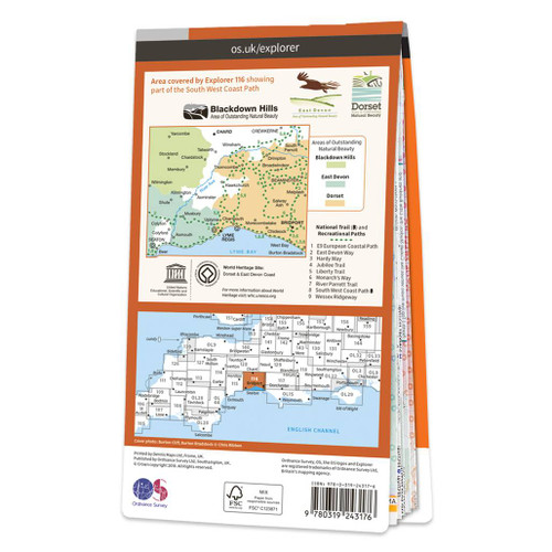 Rear orange cover of OS Explorer Map 116 Lyme Regis & Bridport showing the area covered by the map and the wider area