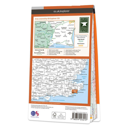 Rear orange cover of OS Explorer Map 125 Romney Marsh showing the area covered by the map and the wider area