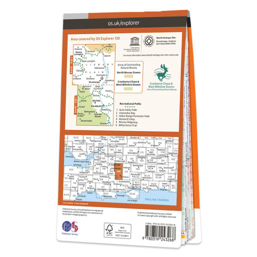 Rear orange cover of OS Explorer Map 130 Salisbury & Stonehenge showing the area covered by the map and the wider area