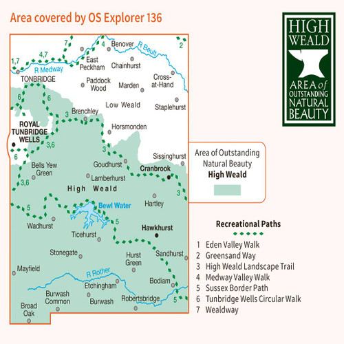 Rear orange cover of OS Explorer Map 136 High Weald showing the area covered by the map