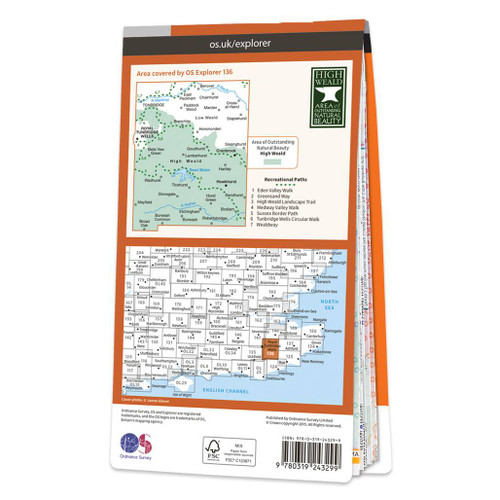 Rear orange cover of OS Explorer Map 136 High Weald showing the area covered by the map and the wider area