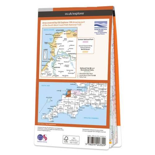 Rear orange cover of OS Explorer Map 139 Bideford, Ilfracombe & Barnstaple showing the area covered by the map and the wider area