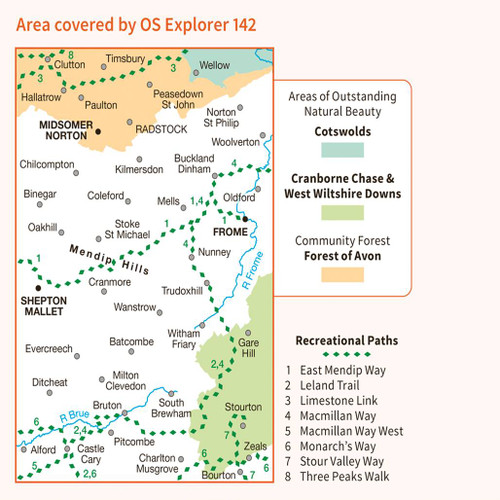 Rear orange cover of OS Explorer Map 142 Shepton Mallet & Mendip Hills East showing the area covered by the map