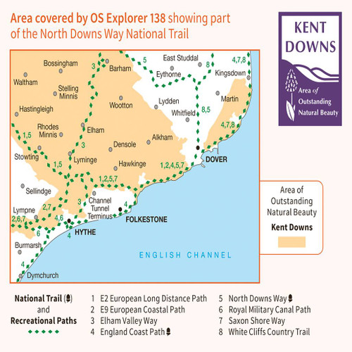 Rear orange cover of OS Explorer Map 138 Dover, Folkestone & Hythe showing the area covered by the map