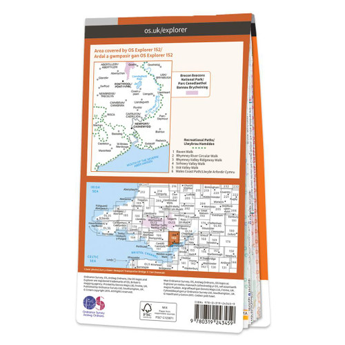 Rear orange cover of OS Explorer Map 152 Newport & Pontypool showing the area covered by the map and the wider area