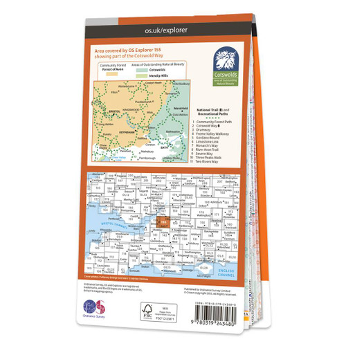 Rear orange cover of OS Explorer Map 155 Bristol & Bath showing the area covered by the map and the wider area