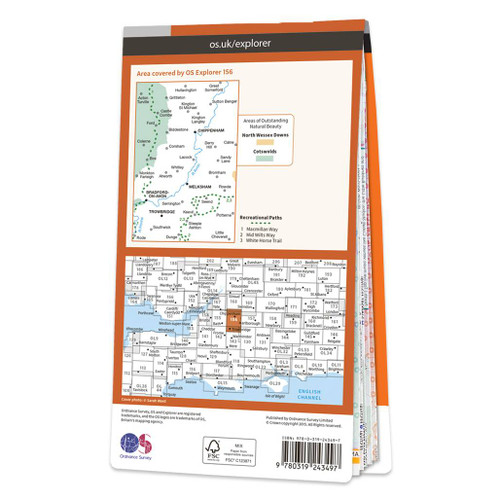 Rear orange cover of OS Explorer Map 156 Chippenham & Bradford-on-Avon showing the area covered by the map and the wider area