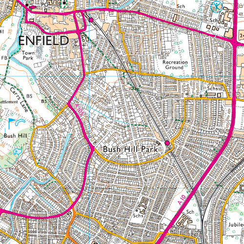 Close-up of the map showing Enfield on OS Explorer Map 174 Epping Forest & Lee Valley