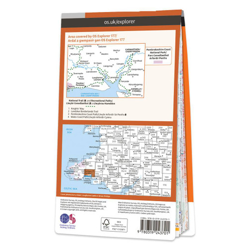 Rear orange cover of OS Explorer Map 177 Carmarthen & Kidwelly showing the area covered by the map and the wider area