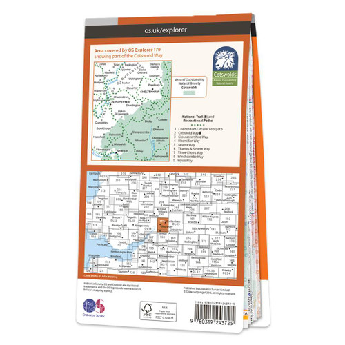 Rear orange cover of OS Explorer Map 179 Gloucester, Cheltenham, and Stroud showing the area covered by the map and the wider area