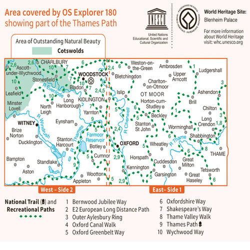 Rear orange cover of OS Explorer Map 180 Oxford showing the area covered by the map
