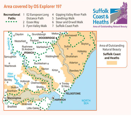 Rear orange cover of OS Explorer Map 197 Ipswich, Felixstowe & Harwich showing the area