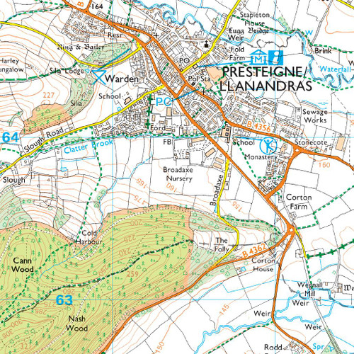Close-up of the map showing Presteigne on OS Explorer Map 201 Knighton & Presteigne