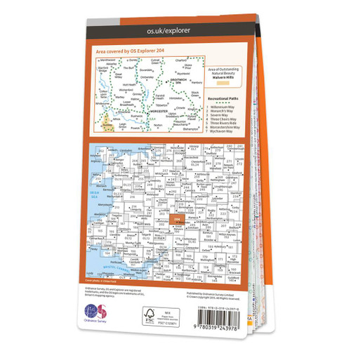 Rear orange cover of OS Explorer Map 204 Worcester & Droitwich Spa showing the area covered by the map and the wider area