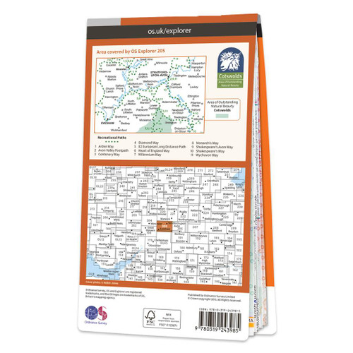 Rear orange cover of OS Explorer Map 205 Stratford-upon-Avon & Evesham showing the area covered by the map and the wider area