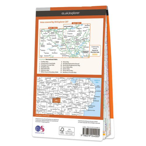 Rear orange cover of OS Explorer Map 207 Newport Pagnell & Northampton South showing the area covered by the map and the wider area