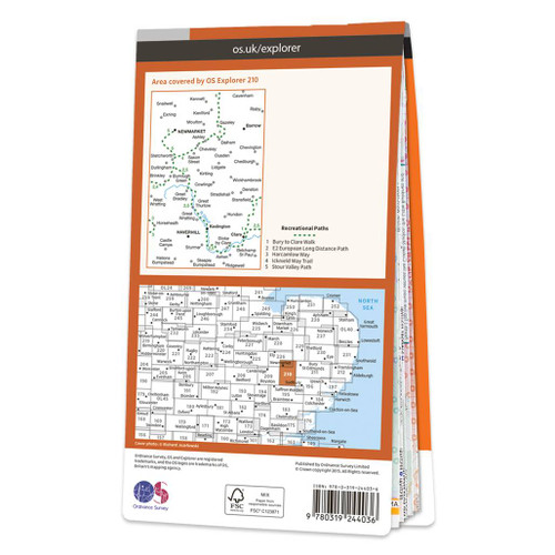 Rear orange cover of OS Explorer Map 210 Newmarket & Haverhill showing the area covered by the map and the wider area