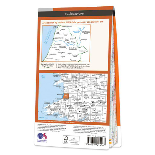 Rear orange cover of OS Explorer Map 213 Aberystwyth & Cwm Rheidol showing the area covered by the map and the wider area