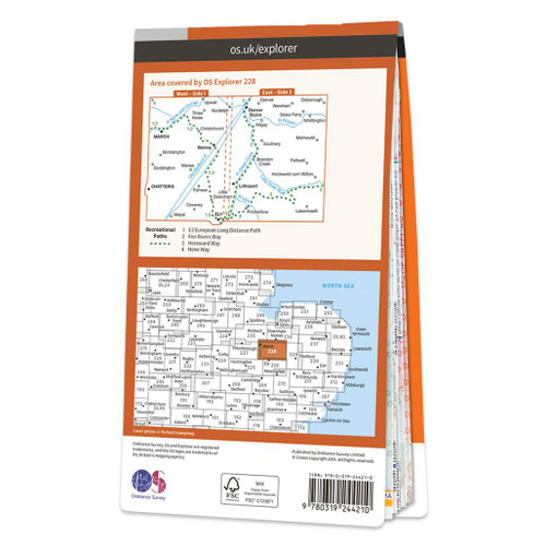 Rear orange cover of OS Explorer Map 228 March & Ely showing the area covered by the map and the wider area