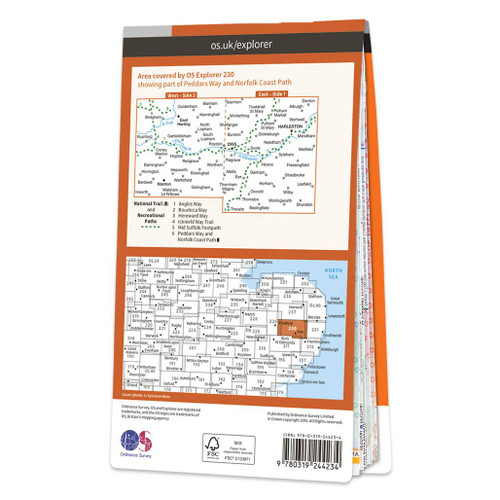 Rear orange cover of OS Explorer Map 230 Diss & Harleston showing the area covered by the map and the wider area