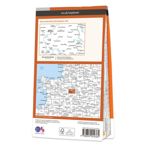 Rear orange cover of OS Explorer Map 243 Market Drayton showing the area covered by the map and the wider area