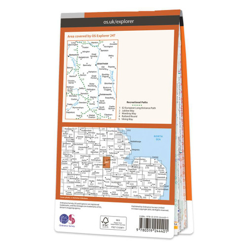 Rear orange cover of OS Explorer Map 247 Grantham showing the area covered by the map and the wider area