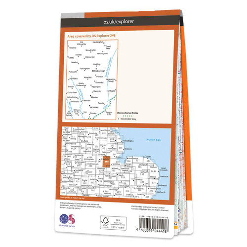 Rear orange cover of OS Explorer Map 248 Bourne & Heckington showing the area covered by the map and the wider area