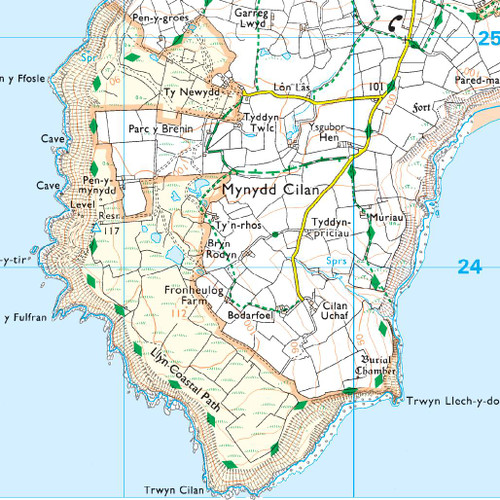 Close-up of the map showing Mynydd Cilan on OS Explorer Map 253 Lleyn Peninsula West