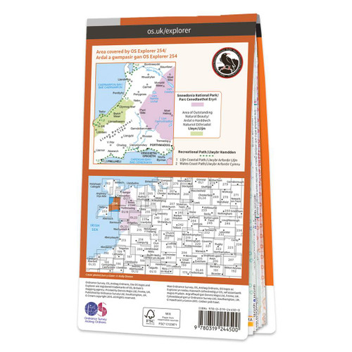 Rear orange cover of OS Explorer Map 254 Lleyn Peninsula East showing the area covered by the map and the wider area