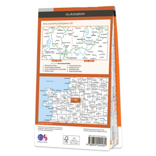 Rear orange cover of OS Explorer Map 257 Crewe & Nantwich showing the area covered by the map and the wider area